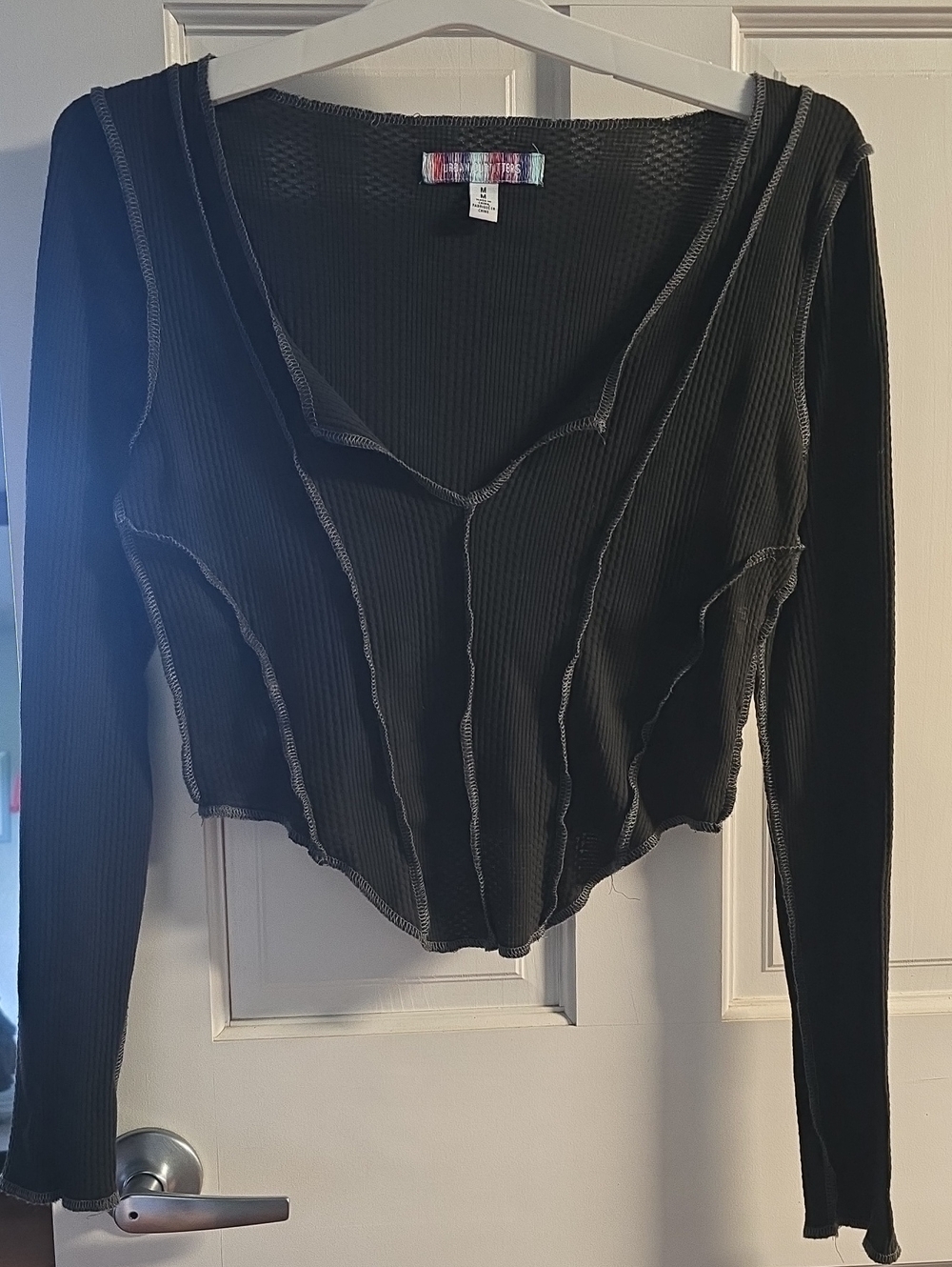 Urban Outfitters Black Ribbed Long-Sleeve V-Neck Top